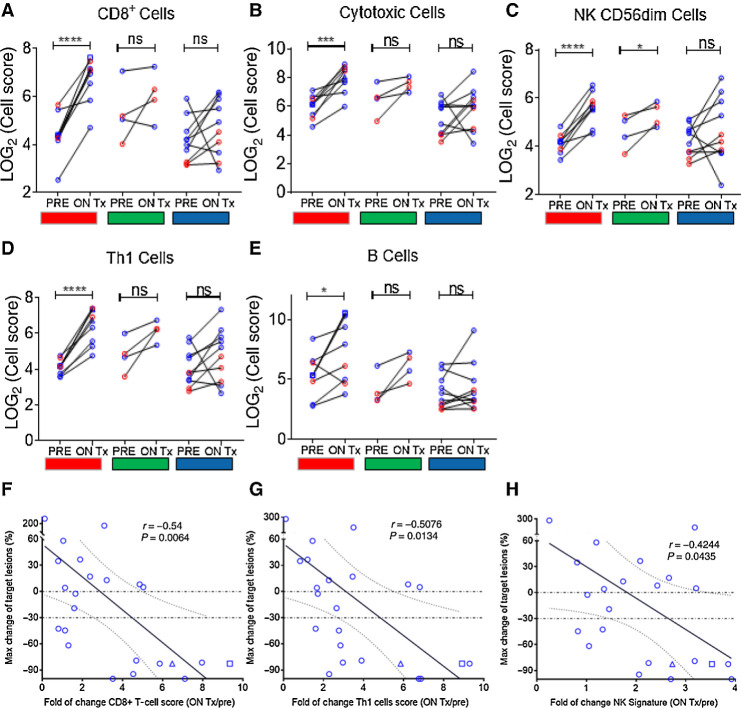 Figure 2. A–E, Transcriptomic analysis of baseline and on-therapy biopsies from SD-101 injected lesions showed consistent increases in the expression of genes representing a variety of immune cell types, including CD8+ T cells, cytotoxic T cells, activated NK (NKCD56dim) cells, Th1 cells, and B cells in patients treated with SD-101 in combination with pembrolizumab. Changes were seen primarily in responding patients (red). F–H, Changes in CD8+, Th1, and NK cell scores were correlated with changes in tumor burden. All patients had one biopsy at baseline and second biopsy 1 week following the fourth SD-101 treatment. One patient received two additional biopsies at day 106 (3 weeks after the sixth SD-101 injection, blue square) and day 190 (3 weeks after the 10th SD-101 injection, blue triangle). Fold of changes in lymphocyte infiltration within SD-101–treated lesions was correlated with the maximum percentage change in target lesions from baseline using Pearson correlation coefficient.