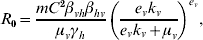 R_{\setnum{0}} \equals {{mC^{\setnum{2}} \beta _{vh} \beta _{hv} } \over {\mu _{v} \gamma _{h} }}\left( {{{e_{v} k_{v} } \over {e_{v} k_{v} \plus \mu _{v} }}} \right)^{e_{v} } \comma