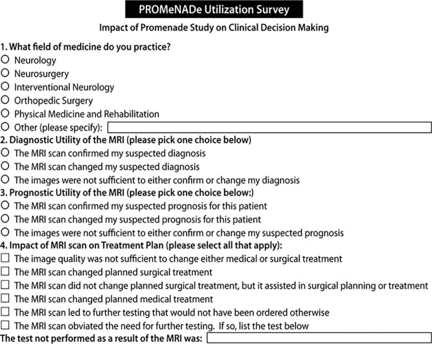 The Patient Registry of Magnetic Resonance Imaging in Non-Approved DEvices survey form sent to referring physicians. The referring physician could select more than one option when answering the fourth question in the survey.