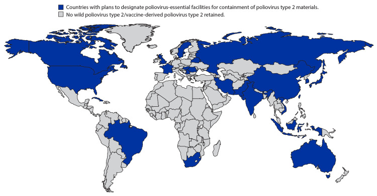 The figure is a map of the world indicating the 25 countries that plan to retain all type 2 polioviruses in designated poliovirus facilities.