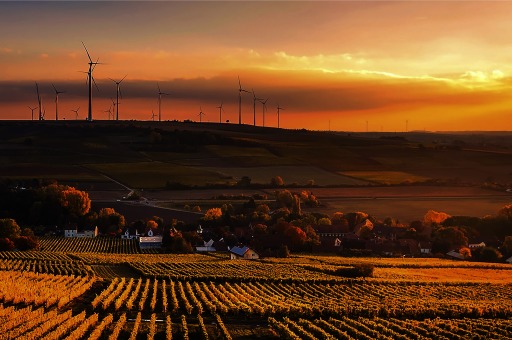 Photograph of houses at the foot of a hill covered with wind turbines