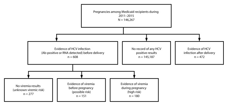 The figure above is a diagram showing a classification of vertical transmission risk based on hepatitis C virus (HCV) infection status among Medicaid recipients in Wisconsin during 2011–2015.