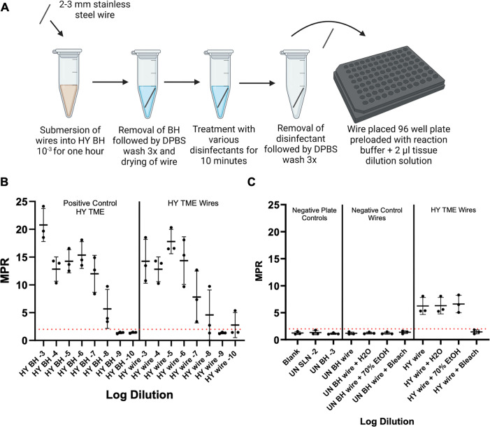 Diagram depicts the submersion of stainless steel wires in HY BH, followed by washing, treatment with disinfectants, and placement in a preloaded 96-well plate with reaction buffer and tissue dilution solution.