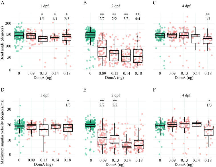 Figures 3A, 3B, and 3C are graphs titled 1 day postfertilization, 2 days postfertilization, and 4 days postfertilization depicting kinematics for short latency C-bend startles in zebrafish exposed to domoic acid at 1, 2, and 4 days postfertilization by plotting Bend angle (degrees), ranging from 0 to 200 in increments of 50 (y-axis) across doses of domoic acid (in nanograms) of 0 (Control), 0.09, 0.13, 0.14, and 0.18 (x-axis), respectively. Figures 3D, 3E, and 3F are graphs titled 1 day postfertilization, 2 days postfertilization, and 4 days postfertilization depicting kinematics for short latency C-bend startles in zebrafish exposed to domoic acid at 1, 2, and 4 days postfertilization by plotting Maximum angular velocity (degrees per second), ranging from 0 to 30 in increments of 10 (y-axis) across doses of domoic acid (in nanograms) of 0 (Control), 0.09, 0.13, 0.14, and 0.18 (x-axis), respectively.