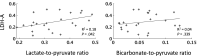 Relationship between lactate dehydrogenase A (LDH-A) expression and
labeling of lactate and pyruvate following injection of hyperpolarized
[1-13C]pyruvate. Scatterplots show the relationship between LDH-A expression
and the lactate-to-pyruvate and bicarbonate-to-pyruvate ratios. Each point
represents a tissue sample. The R2 values, representing the goodness of fit,
and P values for each regression are shown.