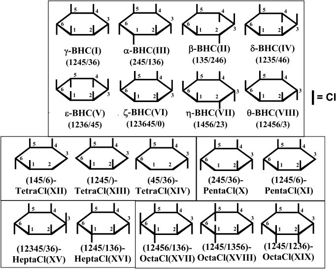 Fig. 16. Planar structures of isomers of BHC, TetraCl, PentaCl, HeptaCl, and OctaCl (see Table 12).