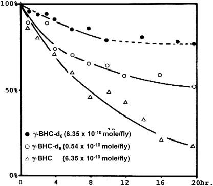 Fig. 3. Time courses of the disappearance of γ-BHC and γ-BHC-d6 in the housefly (in vivo).