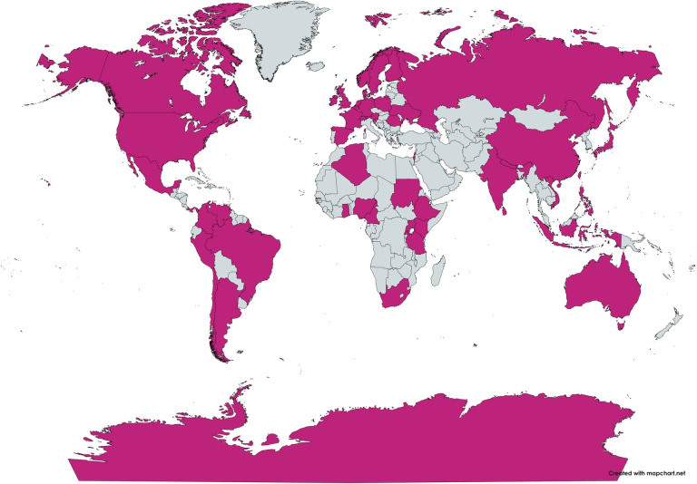 A map of the countries in which the OpenFlexure Microscope has been built or used, according to users in an OpenFlexure forum thread [15].