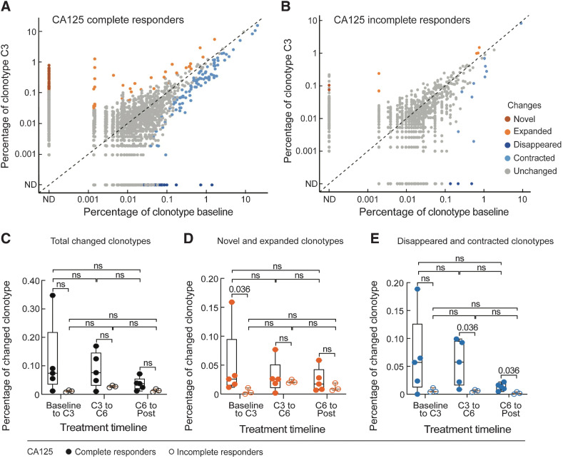 Figure 3. TCR clonotype dynamics over the course of chemotherapy and interval surgery (n = 8). A and B, scatter plots of individual clonotype dynamics between pre-chemotherapy (baseline) and the third cycle of chemotherapy (C3). T-cell clonotypes were defined on the basis of CDR3 amino acid sequences from the TCR β chain. Clonotypes of the five CA125 complete responders (A) and three CA125 incomplete responders (B) were combined, respectively. C–E, The percentage of the overall changed clonotypes (C), and the subsets of novel and expanded (D), and disappeared and contracted (E) clonotypes between each of two consecutive timepoints during treatment in CA125 complete responders (n = 5) and CA125 incomplete responders (n = 3). Statistical analyses between patient groups and between treatment time points were performed using two-sided Wilcoxon rank-sum tests without adjustment for multiple comparisons.