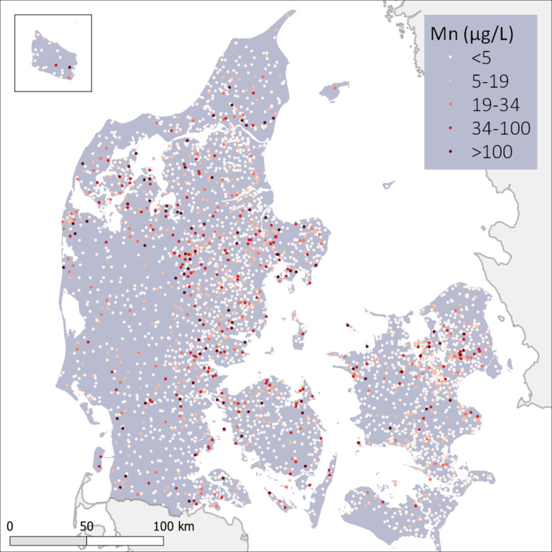 Figure 1 is a map of Denmark, depicting geographical distribution of five categories of manganese concentration in micrograms per liter in public drinking water, including less than 5, 5 to 19, 19 to 34, 34 to 100, and greater than 100. There is a scale at the bottom-right, ranging from 0 to 100 kilometers in increments of 50.