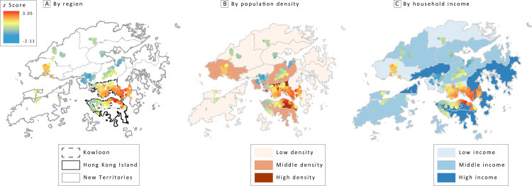 We found significant clusters of fast-food restaurants near secondary schools in the high-density downtown areas of Hong Kong. Most hot spots were in Kowloon. The secondary schools in Eastern and Wan Chai districts in Hong Kong Island also were exposed to a significantly high number of clusters of fast-food restaurants. In New Territories, we found fewer clusters of fast-food restaurants around the secondary schools; Tuen Mun district was an exception.