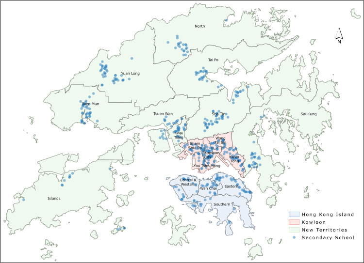 Hong Kong is composed of 3 regions and 18 districts: Hong Kong Island region (consisting of Wan Chai, Central and Western, Southern, and Eastern districts), Kowloon region (Sham Shui Po, Wong Tai Sin, Kowloon City, Kwun Tong, and Yau Tsim Mong districts), and New Territories region (Tuen Mun, Yuen Long, North, Tai Po, Tsuen Wan, Shatin, Kwai Tsing, Sai Kung, and Islands districts). The area comprises 490 secondary schools.