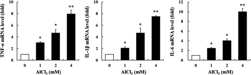 Figure 6 comprises three bar graphs. The first, second, and third bar graphs plot TNF alpha mRNA level (fold), ranging from 0 to 10 in increments of 2, IL 1 beta mRNA level (fold), ranging from 0 to 10 in increments of 2, and IL 6 mRNA level (fold), ranging from 0 to 12 in increments of 2, respectively, (y-axis) across AlCl subscript 3 millimolar, ranging from 0 to 4 (x-axis).