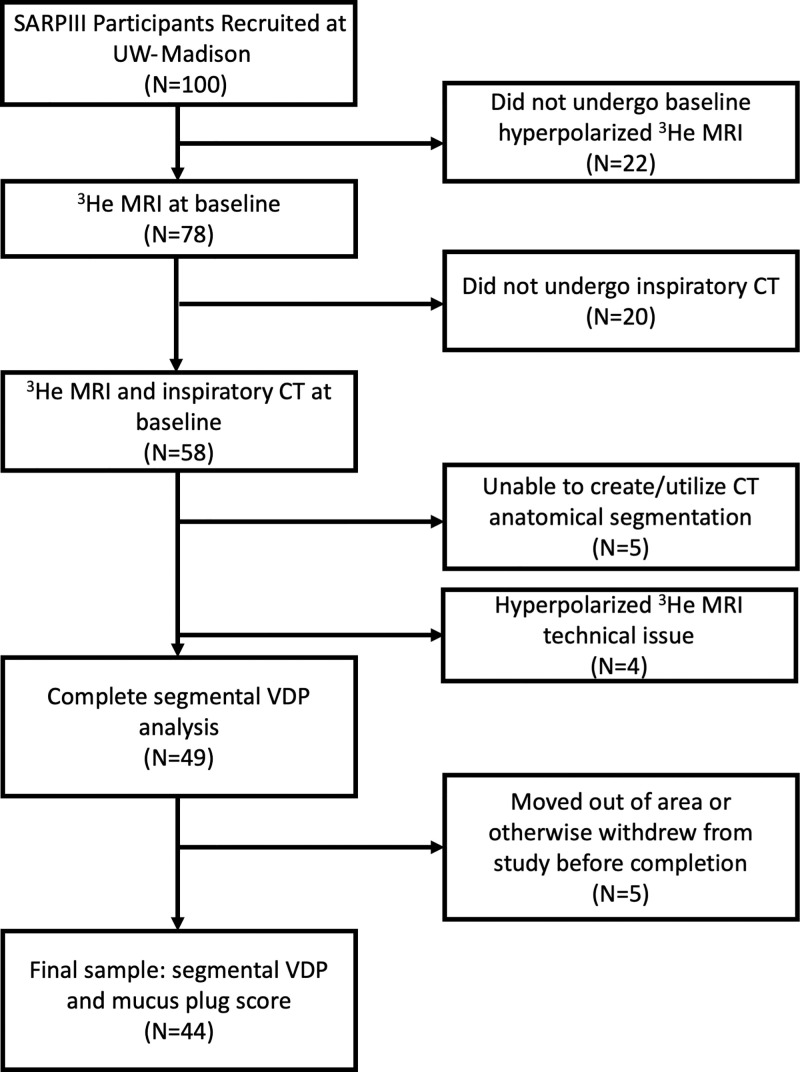 Flowchart of study sample and image processing steps with number and percentage of total at each stage. All imaging was performed after administration of a bronchodilator. Segmental mucus plugs were scored by a team of radiologists as part of a larger study that required 3-year follow-up CT. Thus, patients who were lost to follow-up because they moved out of the area or otherwise withdrew from the study (n = 5) were not scored and were excluded from our final sample. SARPIII = Severe Asthma Research Program III, VDP = ventilation defect percentage.