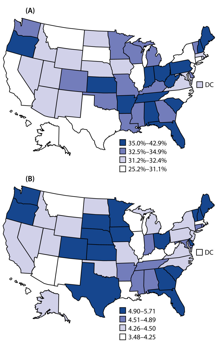 The figure consists of two maps of the United States showing A) the age-adjusted prevalence of frequent mental distress among adults with disabilities and B) prevalence ratios of frequent mental distress between adults with and without disabilities in 2018, by geographic area, based on data from the Behavioral Risk Factor Surveillance System.