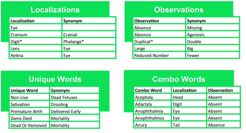 Figure 3 is a set of four tables. On the top-left, a tabular representation titled localizations has two columns, namely, Localization and synonym. Row 1: Eye. Row 2: Cranium and Cranial. Row 3: Digit asterisk and Phalange asterisk. Row 4: Lens and Eye. Row 5: Retina and eye. At the bottom-left, a tabular representation titled Unique words has two columns, namely, Unique word and synonym. Row 1: Non-Live and Dead fetuses. Row 2: Salivation and Drooling. Row 3: Premature birth and delivered early. Row 4: Dams died and mortality. Row 5: dead or removed and mortality. On the top-right, a tabular representation titled observations has two columns, namely, observations and synonym. Row 1: absence and missing. Row 2: absence and agenesis. Row 3: duplicat asterisk and double. Row 4: large and big. Row 5: reduced number and fewer. At the bottom-right, a tabular representation titled Combo words have three columns, namely, Combo word, Localization and Observation. Row 1: acephaly, head, and absent. Row 2: adactyly, digit, and absent. Row 3: anophthalmia, eye, absent. Row 4: anophthalmos, eye, absent. Row 5: anury, tail, and absence.