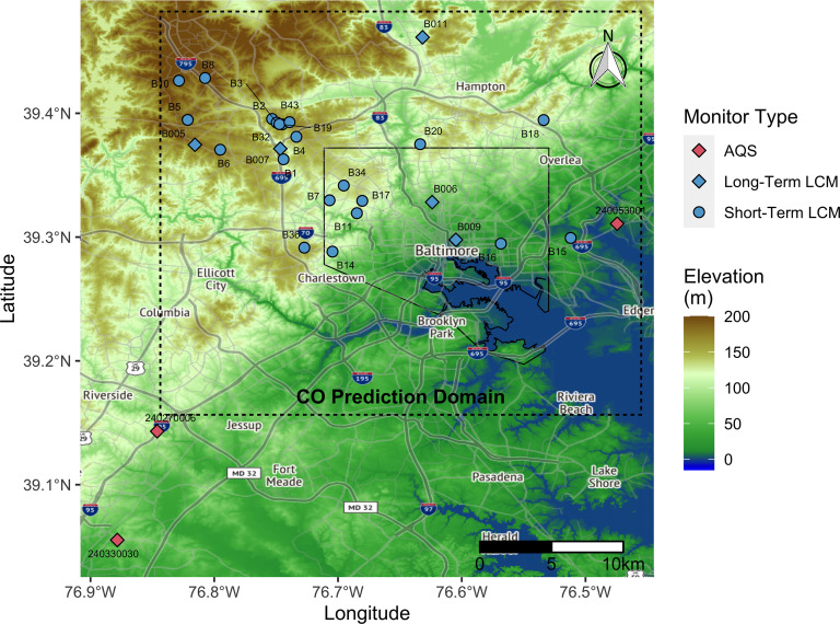Figure 1 is a map of the United States depicting the study domain with locations of regulatory Air Quality System stations and low-cost gas monitors for ambient carbon monoxide measurement, including Riverside, Fort Meade, Charlestown, Baltimore, Hampton, Overlea, Brooklyn Park, Pasadena, Riviera Beach, and Lake Shore. At the center, the dashed line depicts carbon monoxide concentration prediction domain. There are three types of monitoring, namely, Air Quality Systems, long-term low-cost gas monitors, and short-term low-cost gas monitors. A scale depicts kilometres, ranging from 0 to 10 in increments of 5. A scale depicts elevation (meter) ranges from 0 to 200 in increments of 50.