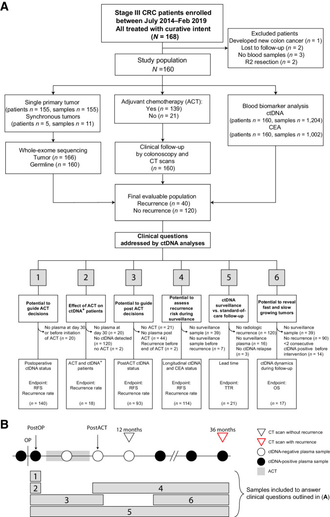 Figure 1. Inclusion of patients in subanalyses. A, Flow diagram of patient inclusion in subanalyses with clinical questions answered by each analysis denoted. Clinical questions numbered from 1–6. B, Outline of plasma samples included in each subanalysis. Numbered bars correspond to numbered clinical questions denoted in A. CRC, colorectal cancer; OS, overall survival; postOP, postoperative blood sample; postACT, post adjuvant chemotherapy blood sample.