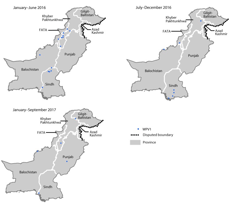 The figure above is a series of maps of Pakistan showing the location of wild poliovirus type 1 cases during three periods from January 2016 through September 2017.