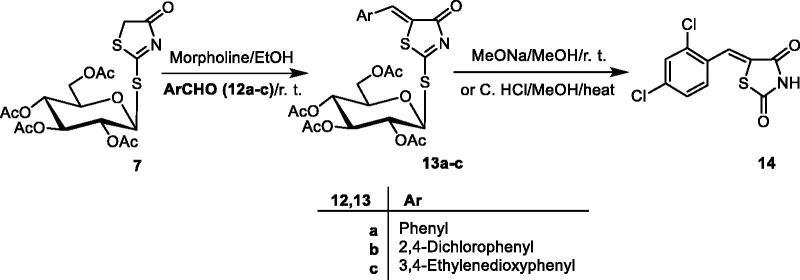 Scheme 4. Synthesis of 5-((Z)-arylidene-2-(2′,3′,4′,6′-tetra-O-acetyl-β-D-glucopyranosyl)-2-thioxo-4-thiazolidinones derivatives (13a–c).