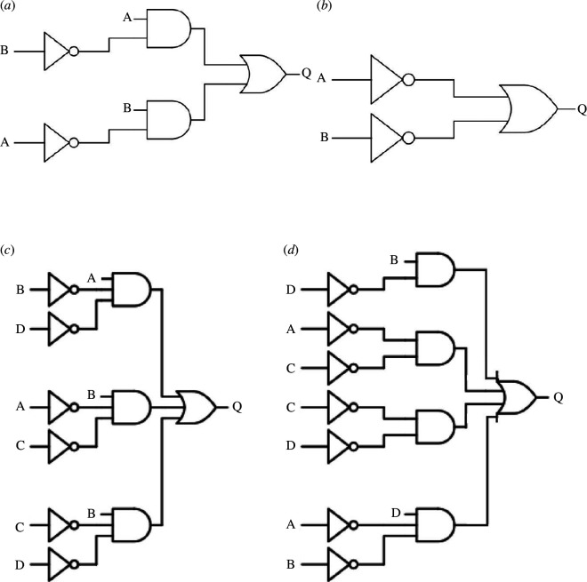 Examples of logical circuits realized in (a,b) two-input and (c,d) four-input logical circuits.