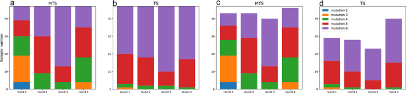 Stacked bar graph A and B show the number of mutations from the template sequence for the candidate sequences in each round. MTS picks fewer mutated sequences compared to TS. Stacked bar graph C and D show only the expressed candidate sequences. MTS has more expressed candidate sequences than TS.