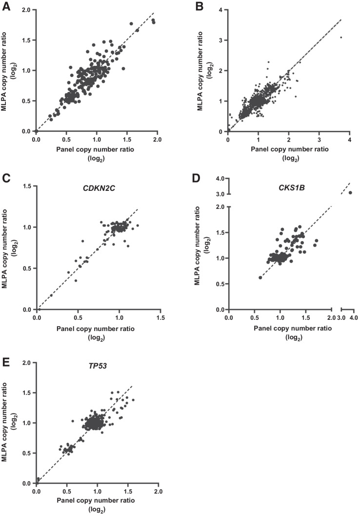 Figure 3. Validation of copy number against MLPA. Copy number ratio (log2) was determined for 13 multiple myeloma cell lines by targeted panel sequencing and MLPA (A). Comparison of copy number ratio for multiple myeloma 101 patient samples for 22 common regions (B), with emphasis on regions associated with poor prognosis including CDKN2C (C), CKS1B (D), and TP53 (E).