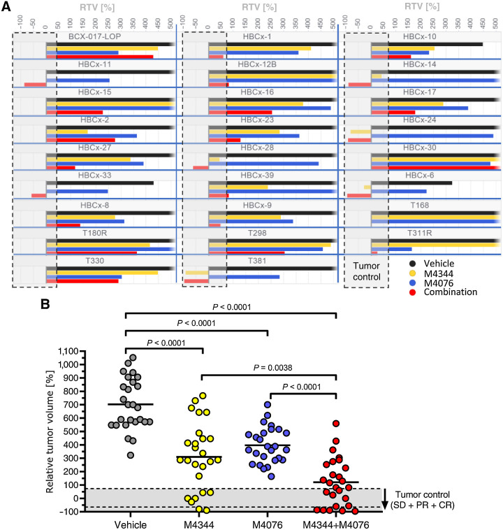 Figure 5. ATM inhibitor M4076 enhances the efficacy of ATRi M4344 in PDX models of TNBC. The combination of M4344 and M4076 was tested in the 26 TNBC XenTech PDX panel. Mice were transplanted with tumor tissue and given a once-daily oral dose of M4344 (10 mg/kg) and a twice-daily oral dose of M4076 (50 mg/kg). M4344 was applied 30 to 45 minutes after the first M4076 dose of the day. RTVs calculated from the median of each treatment group (n = 3 mice per group) at the time when the controls reached 800 mm3 are plotted for each model and treatment group (A) and per treatment group for all 26 models (B).