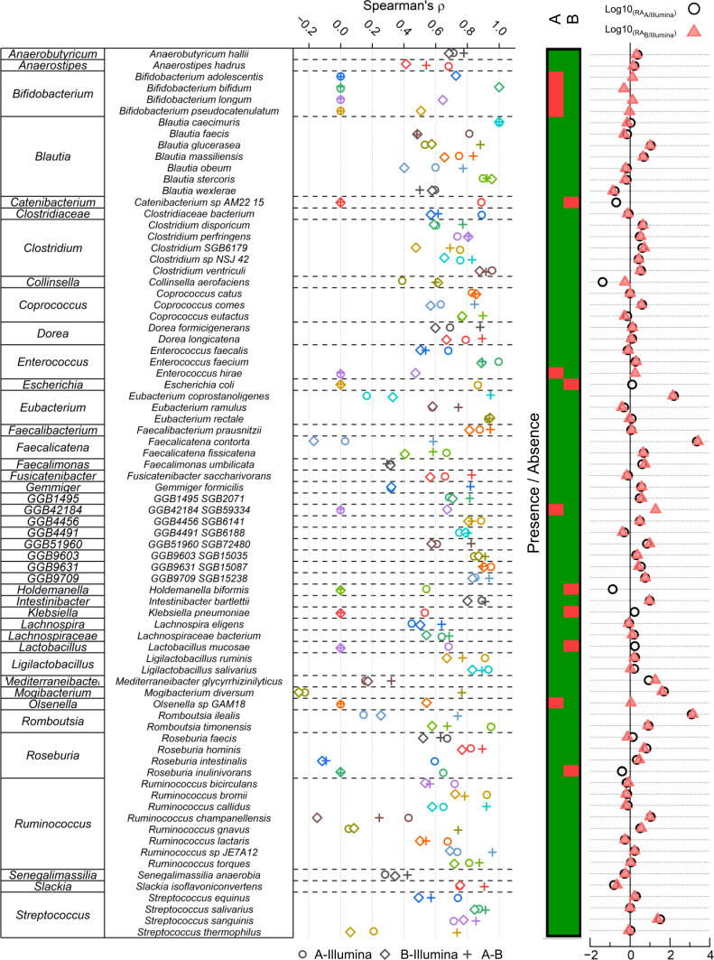 The image shows a detailed chart listing bacterial genera such as Anaerobutyricum, Bifidobacterium, and more. Each genus has associated colored symbols indicating data points with graphs displaying presence and abundance using different shapes and colors.