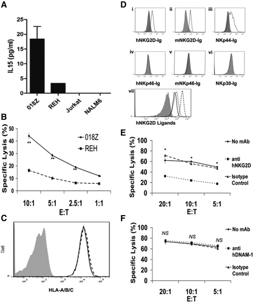 Figure 6. 018Z cells are efficiently killed by primary NK cells through interaction with NKG2D receptors. (A) IL-15 levels (enzyme-linked immunosorbent assay) in the medium of various ALL cell lines after overnight incubation at 37°C. (B) 018Z and REH cells were incubated for 5 hours with human primary NK cells at various effector to target (E:T) ratios. Specific killing of 018Z cells was significantly higher than that of REH cells for all E:T ratios. *P < .001; **P < .0001 (t test). (C) HLA-A/B/C expression on REH (black line) and 018Z cells (dashed line). (D) Binding of Fc-fusion proteins of NK receptors to 018Z cells. 018Z cells were incubated with various human Fc-fusion proteins of NK receptors followed by labeling with goat anti-hIgG (black line): (i) hNKG2D-Ig, (ii) mNKG2D-Ig, (iii) NKp44-Ig, (iv) hNKp46-Ig, (v) mNKp46-Ig, and (vi) NKp30-Ig. Nonspecific binding was detected by staining with human Fc-protein (filled gray). (vii) Expression of the hNKG2D ligands on 018Z cells. Purified mouse anti MICA (black line), MICB (dotted), and ULBP2 (dashed), followed by labeled goat anti-mIgG (filled gray). Results are representative of 3 independent experiments. (E-F) Killing assay of 018Z cells by IL-2-activated human primary NK cells with or without blocking antibodies for NKG2D and DNAM-1, respectively. Pretreatment of NK cells with blocking antibodies for NKG2D significantly reduced the killing of 018Z cells. Values are shown as means ± standard deviation of triplicates. *P < .00001 (t test, no mAb or isotype control compared with anti-hNKG2D).