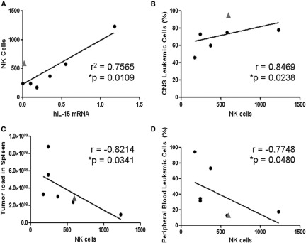 Figure 3. Associations of NK-cell infiltration in spleens of human ALL-bearing NOD/SCID with levels of IL-15 mRNA expression and with leukemic infiltrates of CNS and peripheral organs. (A) Linear regression analysis of splenic mouse NK cells (DX5- and NKG2D-positive cells per 105 splenic cells) as a function of IL-15 mRNA expression in infiltrating human ALL cells (determined by qRT-PCR, values normalized to β actin mRNA levels72,73). The outlier (gray triangle) is a xenograft from a patient with t(1;19)-positive ALL demonstrating significant NK-cell accumulation despite no IL-15 expression. (B-D) Increasing splenic NK-cell recruitment is significantly associated with (B) increased infiltration of human ALL cells in the recipient’s CNS and (C-D) lower systemic leukemia burden in spleen and peripheral blood (Spearman correlation).