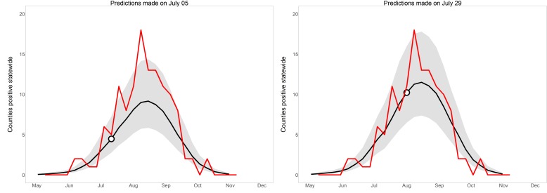 Statewide whole-year predictions in 2016, made on two dates early in the 2016 WNV season. Observed positive county-weeks, reported in December, are in red. Model predictions are in black, with 95% prediction intervals in grey. Dots indicate the slice of the whole-year predictions that contributed to the one-week-ahead, short-term predictions; each whole-year prediction provided one such short-term view.