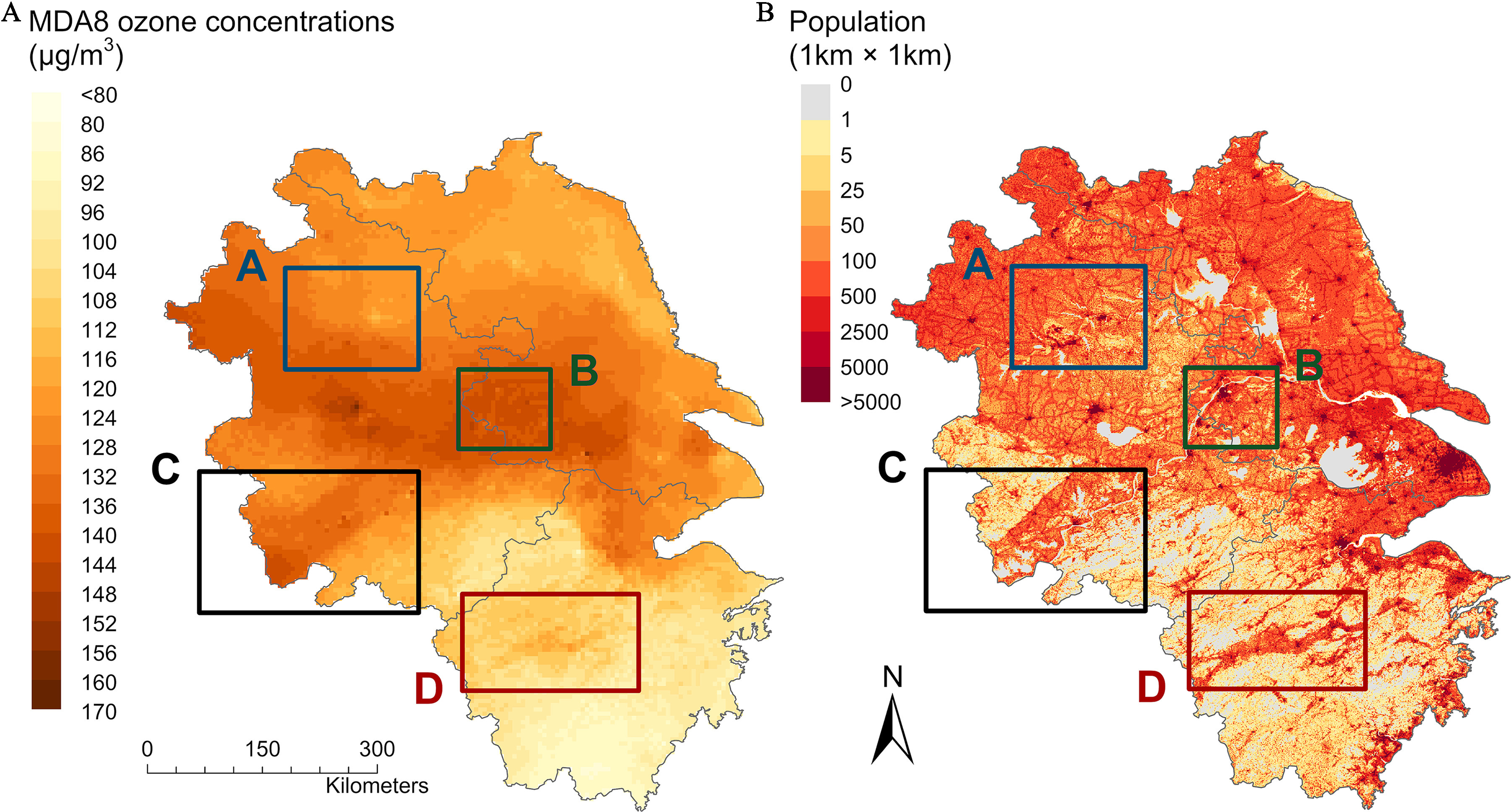 Figures 5A and 5B are two maps of Yangtze River Delta depicting Summer ozone peak and population, respectively. Yangtze River Delta cities and their surrounding area are marked, including A: Bengbu and Huainan City; B: Nanjing Metropolitan Area; C: Anqing City; and D: Quzhou and Jinhua City. A color scale of depicting daily maximum 8-hour average ozone concentrations (micrograms per meter cubed) is ranging from less than 80 to 80 in increments of 10, 80 to 92 in increments of 6, 92 to 160 in increments of 4, and 160 to 170 in increments of 10. A color scale depicting population (1 kilometer by 1 kilometer) is ranging from 0 to 5 in increments of 5, 5 to 25 in increments of 20, 25 to 50 in increments of 25, 50 to 100 in increments of 50, 100 to 500 in increments of 400, 500 to 2,500 in increments of 2,000, 2,500 to 5,000 in increments of 2,500, and 5,000 to greater than 5,000 in increments of 5,000. A scale depicting kilometers is ranging from 0 to 300 in increments of 150.