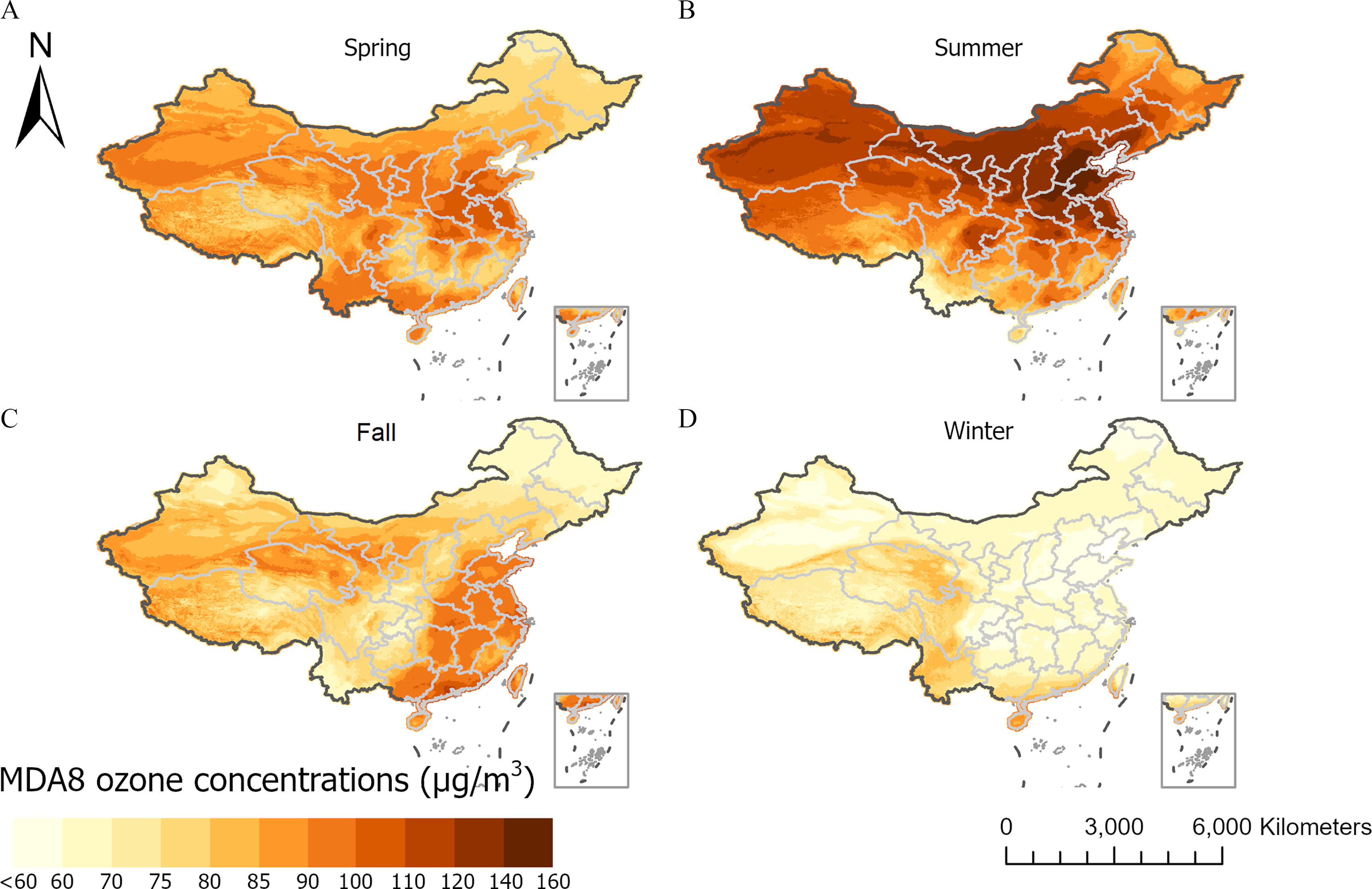 Figures 3A, 3B, 3C, and 3D are four maps of China depicting seasonal average daily maximum 8-hour average ozone concentrations from 2005 to 2019 in four seasons, including Spring, Summer, Fall, and Winter, respectively. Spring covers March to May months; Summer covers June to August months; Fall covers September to November months; and Winter covers December to February months. A color scale depicting daily maximum 8-hour average ozone concentrations (micrograms per meter cubed), ranging from less than 60 to 70 in increments of 10, 70 to 90 in increments of 5, 90 to 120 in increments of 10, and 120 to 160 in increments of 20. A scale depicting kilometers is ranging from 0 to 6,000 in increments of 3,000.