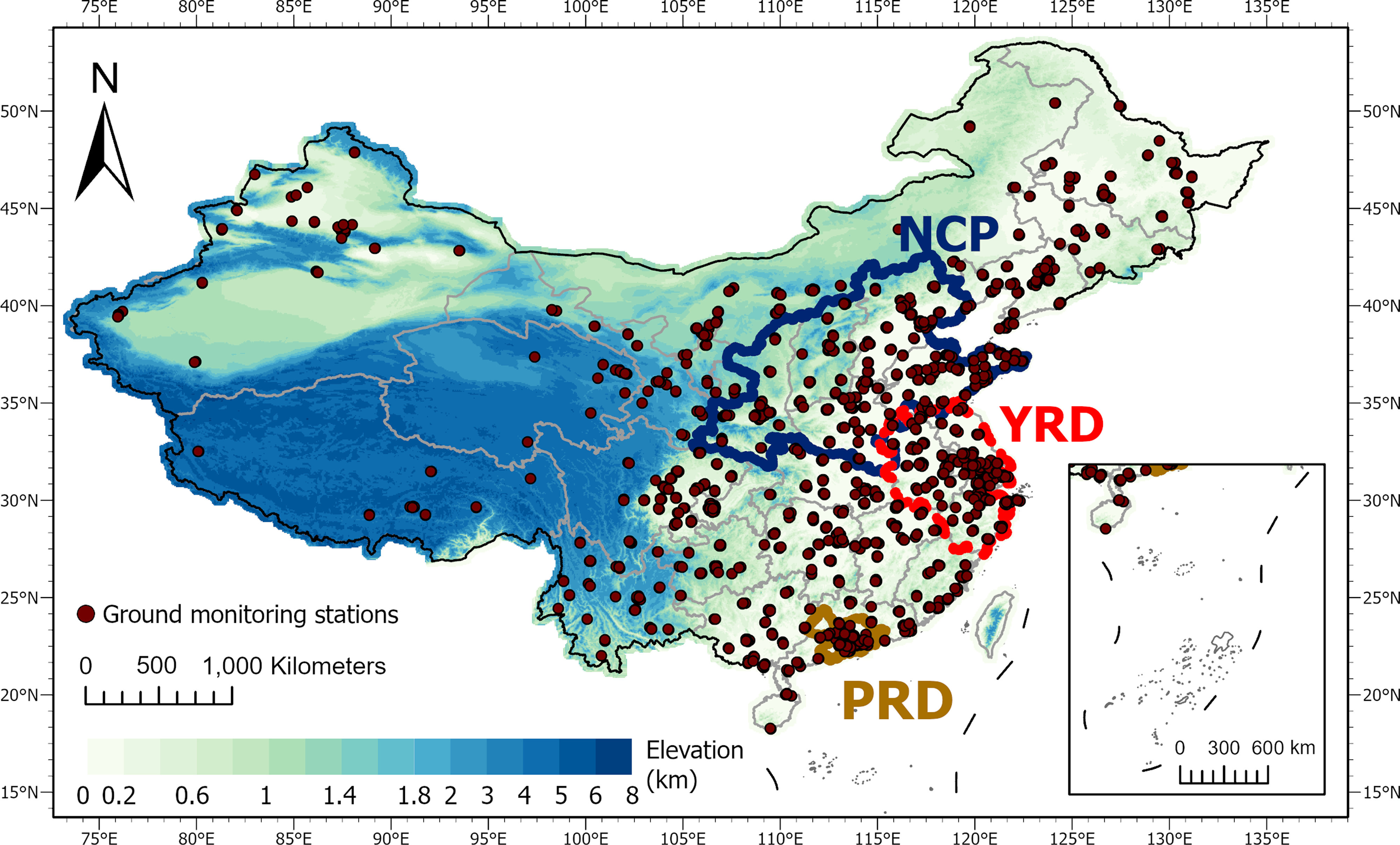 Figure 1 is a map of China depicting three major city clusters, including the North China Plain, the Yangtze River Delta region, and the Pearl River Delta region. The points represent the location of ground monitoring sites by the China National Environmental Monitoring Center. A color scale depicting Elevation (kilometer), ranging from 0 to 1.8 in increments of 0.4; 1.8 to 2 in increments of 2; and 2 to 8 in unit increments. A scale depicting kilometers, ranging from 0 to 1,000 in increments of 500 and another scale depicting kilometers, ranging from 0 to 600 in increments of 300.