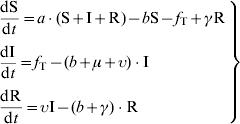 \left. \openup6{\matrix{ \displaystyle{{{{\rm dS}} \over {{\rm d}t}} \equals a \cdot \lpar {{\rm S} \plus {\rm I} \plus {\rm R}} \rpar \minus b{\rm S} \minus f_{\rm T} \plus \gamma {\rm R}}\hfill \cr {\displaystyle{{{\rm dI}} \over {{\rm d}t}} \equals f_{\rm T} \minus \lpar {b \plus \mu \plus \upsilon } \rpar \cdot {\rm I}} \hfill\cr {\displaystyle{{{\rm dR}} \over {{\rm d}t}} \equals \upsilon {\rm I} \minus \lpar {b \plus \gamma } \rpar \cdot {\rm R}}\hfill \cr} } \right\}\hfill