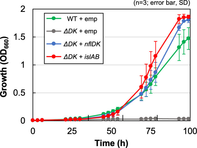 Line graph depicts the growth of WT and isrDK mutants with different plasmids: WT + emp (vector control), ΔDK + emp, ΔDK + nflDK, ΔDK + islAB. Error bars represent standard deviation (n = 3).