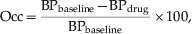 \eqalign{{\rm Occ} \tab \equals {{{\rm BP}_{{\rm baseline}} \minus {\rm BP}_{{\rm drug}} } \over {{\rm BP}_{{\rm baseline}} }}\times100\comma