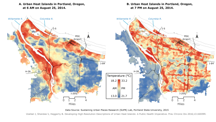 Two maps of Portland, Oregon, located at the confluence of the Columbia and Willamette rivers, are shown. One shows the range of temperatures at 6 AM; the other shows temperatures at 7 PM. At 6 AM, temperatures range from 13.0°C (55.5°F) to 18.2°C (64.8°F). At 7 PM, temperatures ranged from 21.7°C (71.1°F) to 33.2°C (91.7°F).