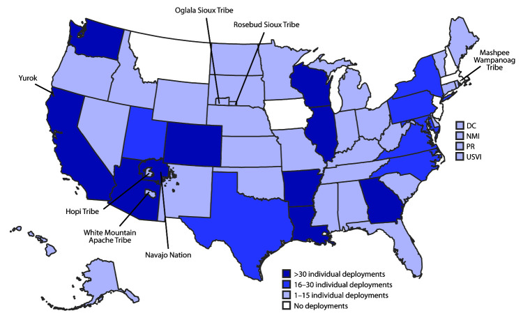 The figure is a map showing the location of deployments by CDC staff members to state, tribal, local, and territorial health departments, in the United States, during January 21–July 25, 2020.