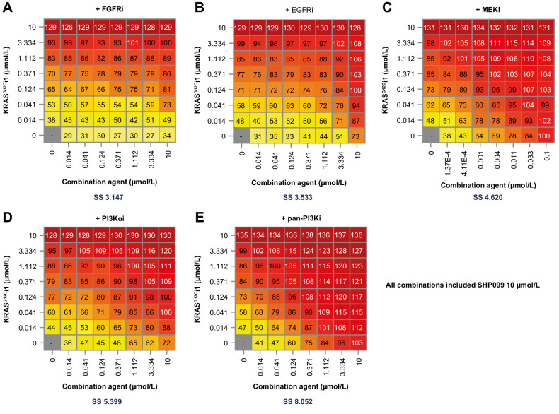 Figure 6. NCI-H23 dose combination matrices for RAS-associated pathway inhibitors with KRASG12Ci1 + SHP009 (10 μmol/L) + BGJ398 (FGFRi; A), erlotinib (EGFRi; B), trametinib (MEKi; C), alpelisib (PI3Kαi; D), or GDC0941 (pan-PI3K; E). SS, synergy score (Loewe's index).