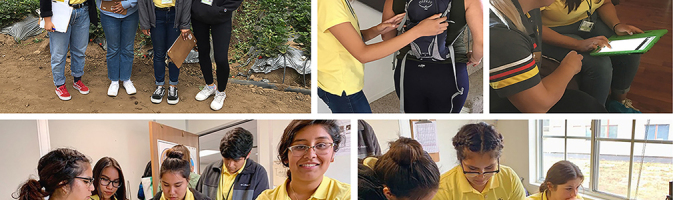 Five photos showing teenagers working together on a study.