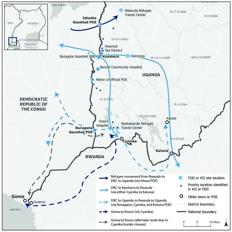 The figure is a map showing population movement pathways and points of interest from 12 Population Connectivity Across Borders events in Kanungu and Kisoro districts, Uganda, during March 2019.