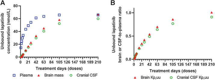 Figure 3. Accumulation of lapatinib in the human CNS following chronic treatment. A, Increase of unbound lapatinib concentrations in the plasma, brain, and CSF with the increase of treatment days (doses). B, Increase of unbound lapatinib brain- or CSF-to-plasma ratio (Kp,uu) with the increase of treatment days (doses).