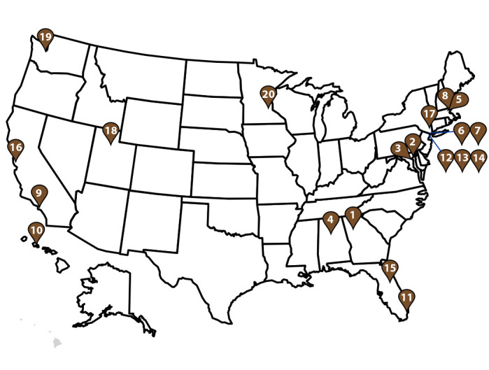 Figure is a map of the United States showing the location of all 20 GeoSentinel Network sites in the United States in 2021.