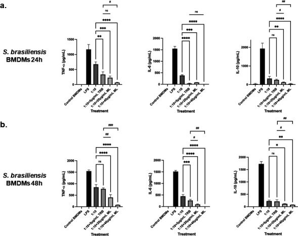 Levels of TNF-α, IL-6, and IL-10 in S. brasiliensis BMDMs at 24 and 48 hours. Significant differences are noted between treatments, with certain treatments resulting in reduced cytokine levels.