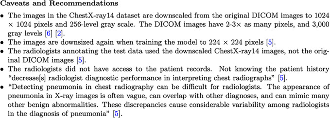 The caveats and recommendations section of a model card. DICOM = digital imaging and communications in medicine.