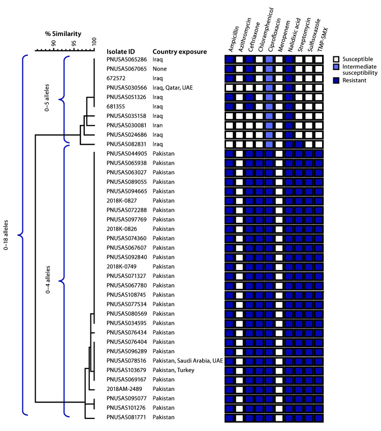 The figure is a core genome multilocus sequence typing phylogenetic tree of 39 Salmonella Typhi isolates from two strains with ceftriaxone resistance among persons with travel to Iran, Iraq, and Pakistan in the United States and United Kingdom during 2017–2019.