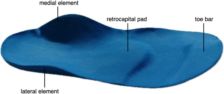 Blue foot orthosis with labeled components: medial element, lateral element, retrocapital pad, and toe bar. The orthosis features distinct contours to support various parts of the foot.