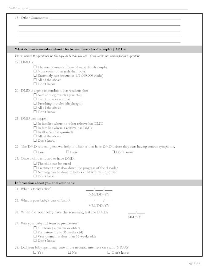 Infant Screening for Duchenne Muscular Dystrophy (DMD) - Survey A, Page 3